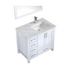 Jacques 36" White Single Vanity, White Carrara Marble Top, White Square Sink and 34" Mirror w/ Faucet - Right Version