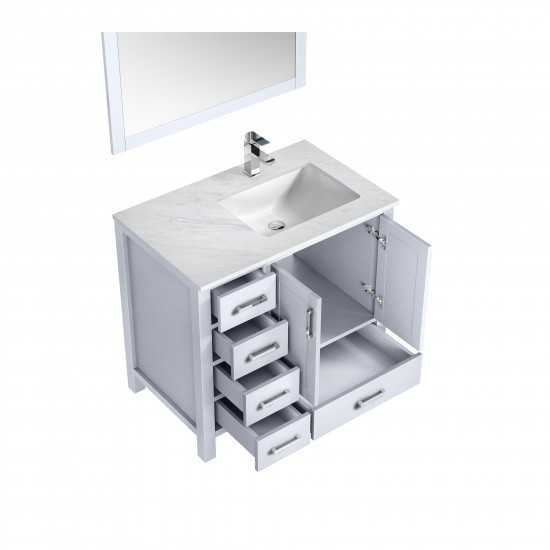 Jacques 36" White Single Vanity, White Carrara Marble Top, White Square Sink and 34" Mirror w/ Faucet - Right Version