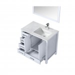 Jacques 36" White Single Vanity, White Carrara Marble Top, White Square Sink and 34" Mirror w/ Faucet - Right Version