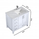 Jacques 36" White Single Vanity, White Carrara Marble Top, White Square Sink and 34" Mirror w/ Faucet - Right Version