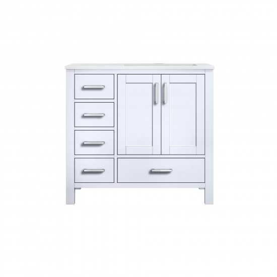 Jacques 36" White Single Vanity, Carrara Marble Top, White Square Sink and no Mirror - Right Version