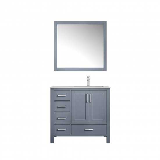 Jacques 36" Dark Grey Single Vanity, White Carrara Marble Top, White Square Sink and 34" Mirror w/ Faucet - Right Version