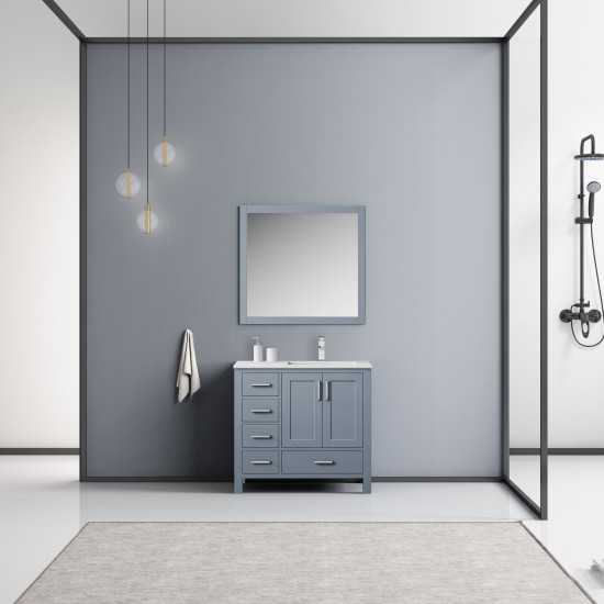 Jacques 36" Dark Grey Single Vanity, White Carrara Marble Top, White Square Sink and 34" Mirror w/ Faucet - Right Version