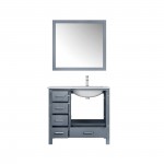 Jacques 36" Dark Grey Single Vanity, White Carrara Marble Top, White Square Sink and 34" Mirror w/ Faucet - Right Version