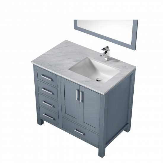 Jacques 36" Dark Grey Single Vanity, White Carrara Marble Top, White Square Sink and 34" Mirror w/ Faucet - Right Version