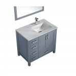 Jacques 36" Dark Grey Single Vanity, White Carrara Marble Top, White Square Sink and 34" Mirror w/ Faucet - Right Version