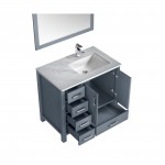 Jacques 36" Dark Grey Single Vanity, White Carrara Marble Top, White Square Sink and 34" Mirror w/ Faucet - Right Version