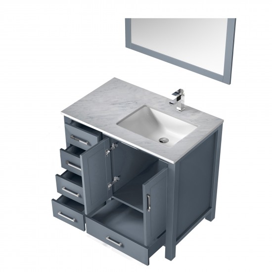Jacques 36" Dark Grey Single Vanity, White Carrara Marble Top, White Square Sink and 34" Mirror w/ Faucet - Right Version