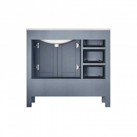 Jacques 36" Dark Grey Single Vanity, White Carrara Marble Top, White Square Sink and 34" Mirror w/ Faucet - Right Version