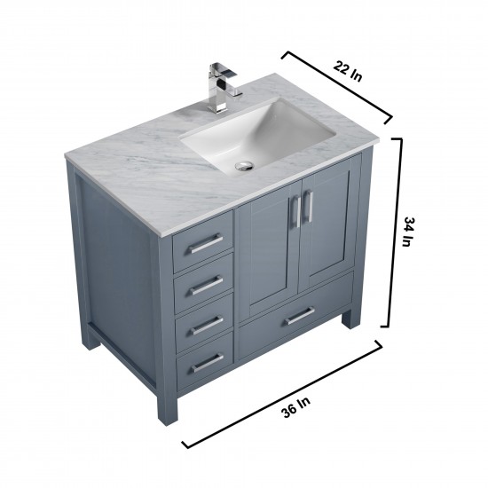 Jacques 36" Dark Grey Single Vanity, White Carrara Marble Top, White Square Sink and 34" Mirror w/ Faucet - Right Version