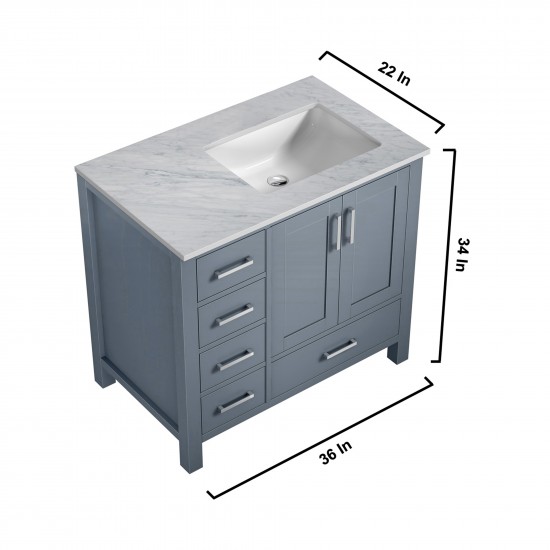 Jacques 36" Dark Grey Single Vanity, White Carrara Marble Top, White Square Sink and no Mirror - Right Version