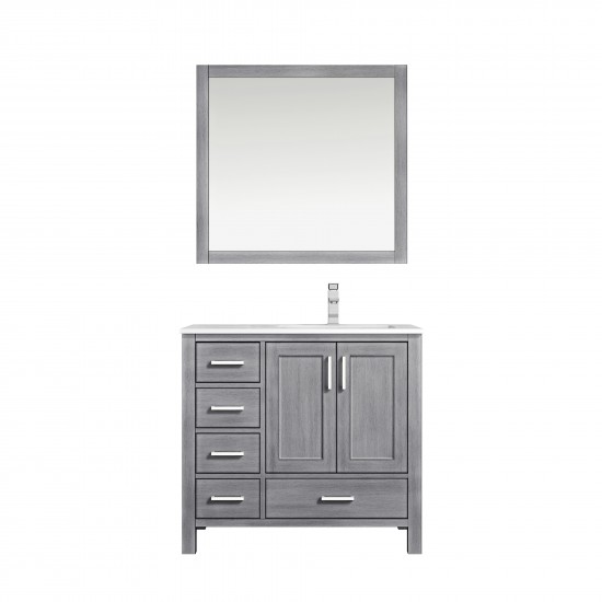 Jacques 36" Distressed Grey Single Vanity, White Carrara Marble Top, White Square Sink and 34" Mirror w/ Faucet - Right Versi