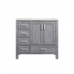 Jacques 36" Distressed Grey Single Vanity, White Carrara Marble Top, White Square Sink and no Mirror - Right Version