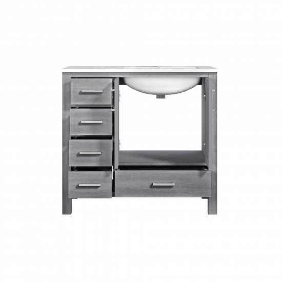 Jacques 36" Distressed Grey Single Vanity, White Carrara Marble Top, White Square Sink and no Mirror - Right Version