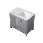 Jacques 36" Distressed Grey Single Vanity, White Carrara Marble Top, White Square Sink and no Mirror - Right Version