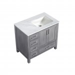 Jacques 36" Distressed Grey Single Vanity, White Carrara Marble Top, White Square Sink and no Mirror - Right Version