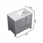 Jacques 36" Distressed Grey Single Vanity, White Carrara Marble Top, White Square Sink and no Mirror - Right Version