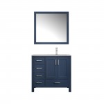 Jacques 36" Navy Blue Single Vanity, White Carrara Marble Top, White Square Sink and 34" Mirror w/ Faucet - Right Version