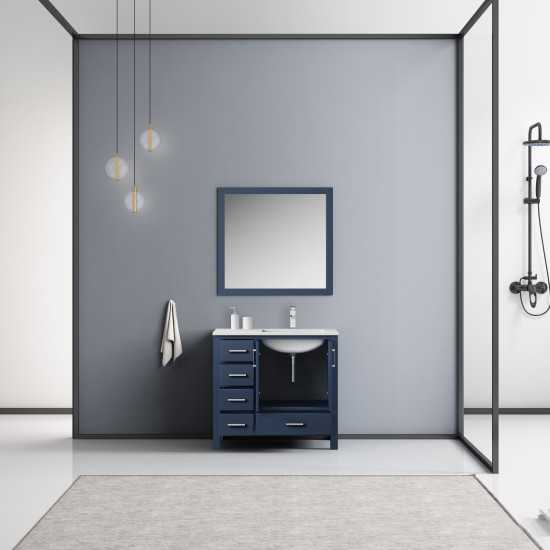 Jacques 36" Navy Blue Single Vanity, White Carrara Marble Top, White Square Sink and 34" Mirror w/ Faucet - Right Version