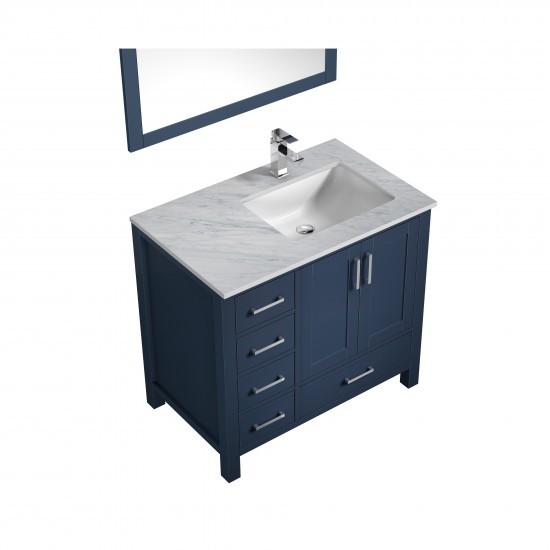 Jacques 36" Navy Blue Single Vanity, White Carrara Marble Top, White Square Sink and 34" Mirror w/ Faucet - Right Version