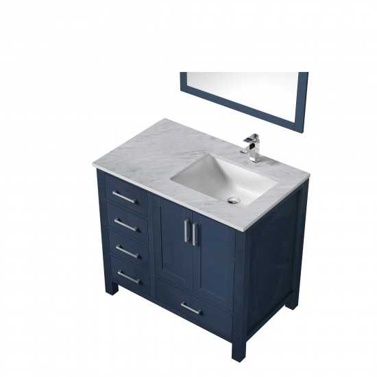 Jacques 36" Navy Blue Single Vanity, White Carrara Marble Top, White Square Sink and 34" Mirror w/ Faucet - Right Version