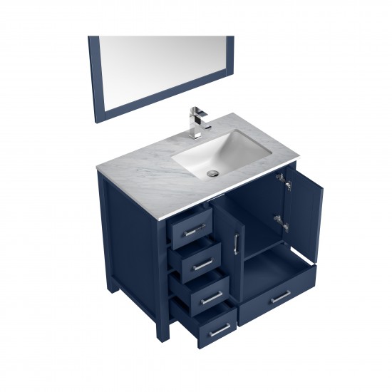 Jacques 36" Navy Blue Single Vanity, White Carrara Marble Top, White Square Sink and 34" Mirror w/ Faucet - Right Version