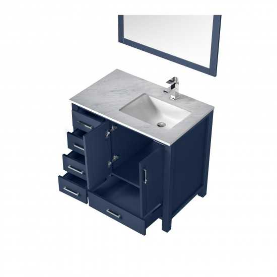 Jacques 36" Navy Blue Single Vanity, White Carrara Marble Top, White Square Sink and 34" Mirror w/ Faucet - Right Version