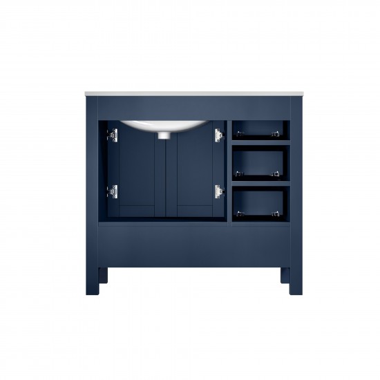 Jacques 36" Navy Blue Single Vanity, White Carrara Marble Top, White Square Sink and 34" Mirror w/ Faucet - Right Version