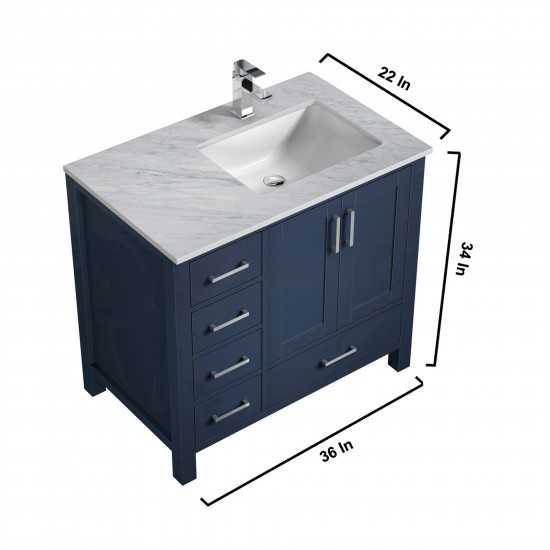 Jacques 36" Navy Blue Single Vanity, White Carrara Marble Top, White Square Sink and 34" Mirror w/ Faucet - Right Version