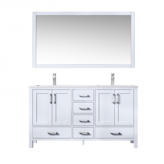 Jacques 60" White Double Vanity, White Carrara Marble Top, White Square Sinks and 58" Mirror w/ Faucets