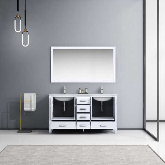 Jacques 60" White Double Vanity, White Carrara Marble Top, White Square Sinks and 58" Mirror w/ Faucets