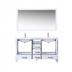 Jacques 60" White Double Vanity, White Carrara Marble Top, White Square Sinks and 58" Mirror w/ Faucets