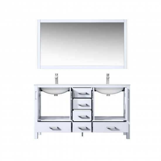 Jacques 60" White Double Vanity, White Carrara Marble Top, White Square Sinks and 58" Mirror w/ Faucets