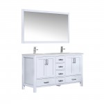 Jacques 60" White Double Vanity, White Carrara Marble Top, White Square Sinks and 58" Mirror w/ Faucets