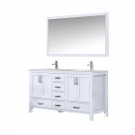 Jacques 60" White Double Vanity, White Carrara Marble Top, White Square Sinks and 58" Mirror w/ Faucets