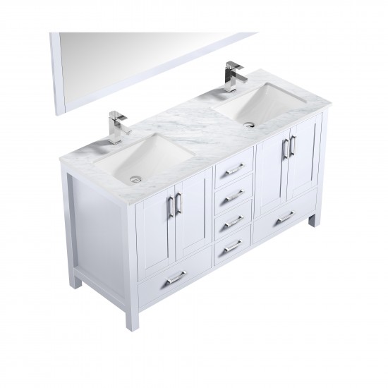 Jacques 60" White Double Vanity, White Carrara Marble Top, White Square Sinks and 58" Mirror w/ Faucets