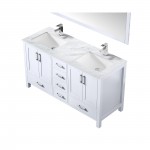 Jacques 60" White Double Vanity, White Carrara Marble Top, White Square Sinks and 58" Mirror w/ Faucets