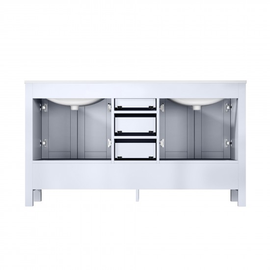 Jacques 60" White Double Vanity, White Carrara Marble Top, White Square Sinks and 58" Mirror w/ Faucets