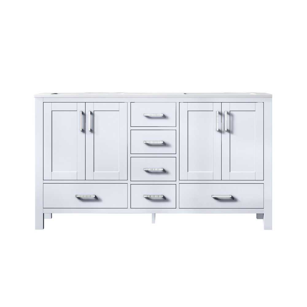 Jacques 60" White Double Vanity, White Carrara Marble Top, White Square Sinks and no Mirror