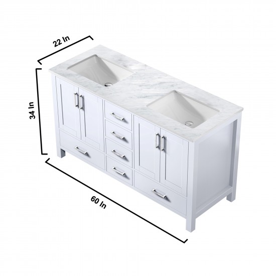 Jacques 60" White Double Vanity, White Carrara Marble Top, White Square Sinks and no Mirror