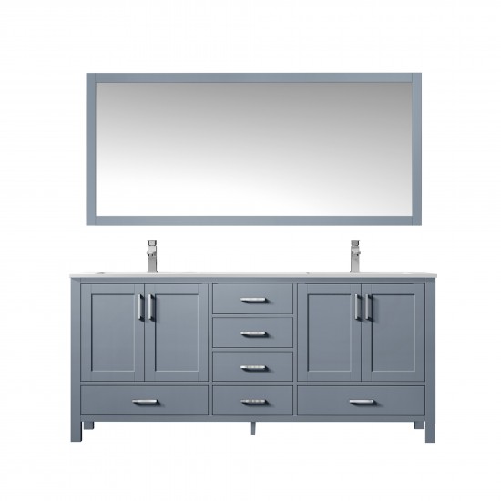 Jacques 60" Dark Grey Double Vanity, White Carrara Marble Top, White Square Sinks and 58" Mirror w/ Faucets