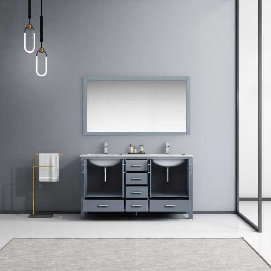 Jacques 60" Dark Grey Double Vanity, White Carrara Marble Top, White Square Sinks and 58" Mirror w/ Faucets