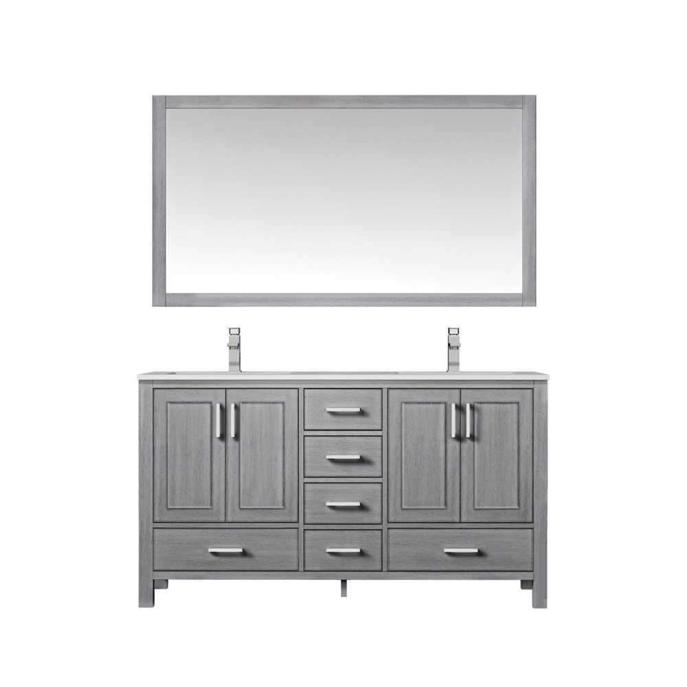 Jacques 60" Distressed Grey Double Vanity, White Carrara Marble Top, White Square Sinks and 58" Mirror w/ Faucets