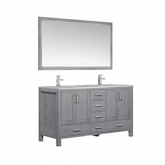 Jacques 60" Distressed Grey Double Vanity, White Carrara Marble Top, White Square Sinks and 58" Mirror w/ Faucets