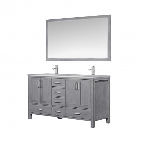 Jacques 60" Distressed Grey Double Vanity, White Carrara Marble Top, White Square Sinks and 58" Mirror w/ Faucets