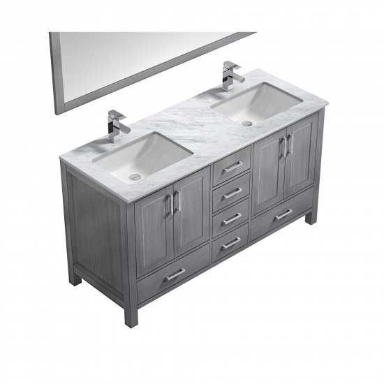 Jacques 60" Distressed Grey Double Vanity, White Carrara Marble Top, White Square Sinks and 58" Mirror w/ Faucets