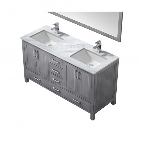 Jacques 60" Distressed Grey Double Vanity, White Carrara Marble Top, White Square Sinks and 58" Mirror w/ Faucets