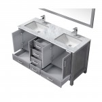 Jacques 60" Distressed Grey Double Vanity, White Carrara Marble Top, White Square Sinks and 58" Mirror w/ Faucets