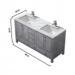 Jacques 60" Distressed Grey Double Vanity, White Carrara Marble Top, White Square Sinks and 58" Mirror w/ Faucets