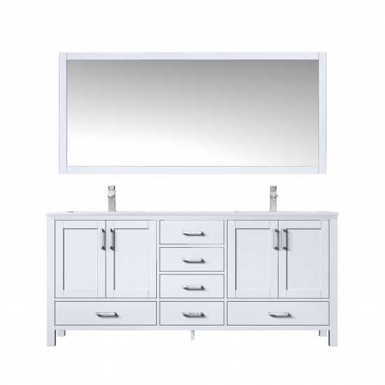 Jacques 72" White Double Vanity, White Carrara Marble Top, White Square Sinks and 70" Mirror w/ Faucets